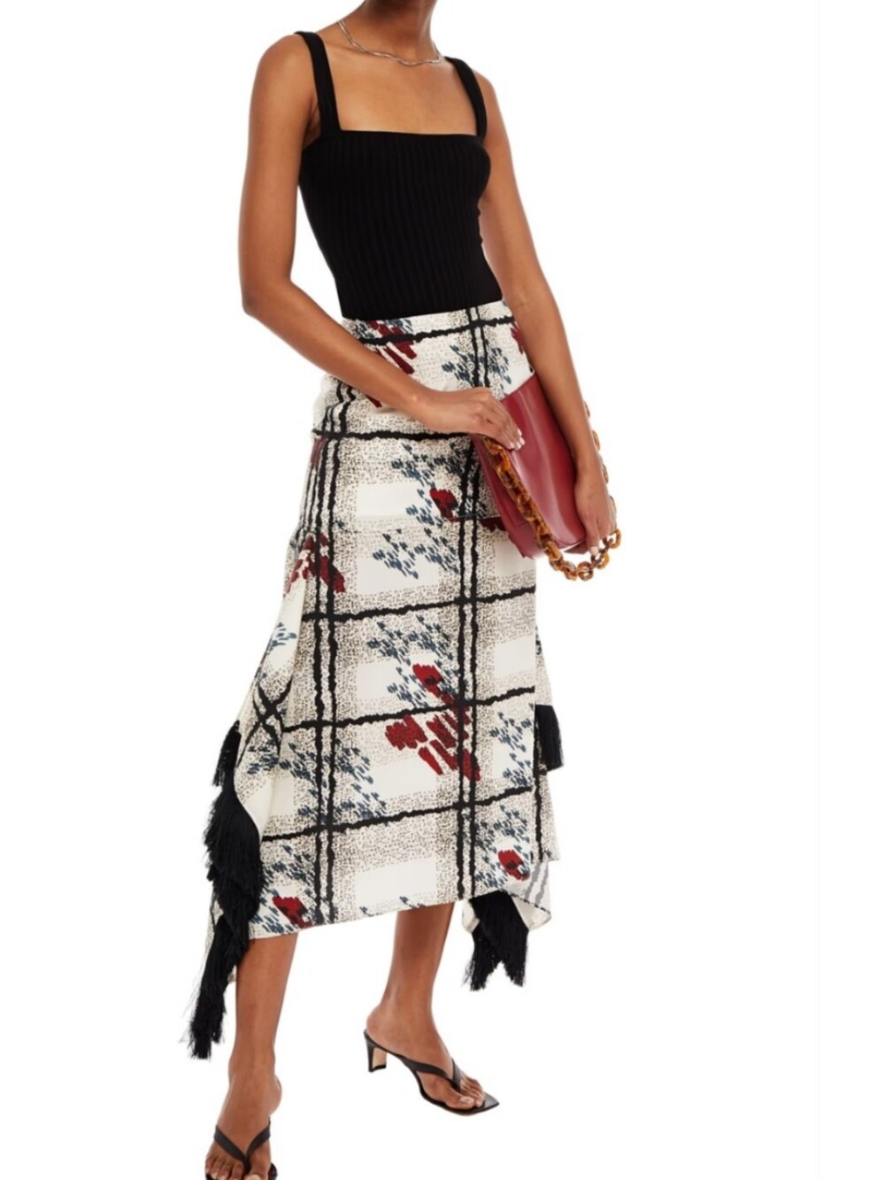 Mother Of Pearl Fringed Plaid  Skirt in Ivory & Red